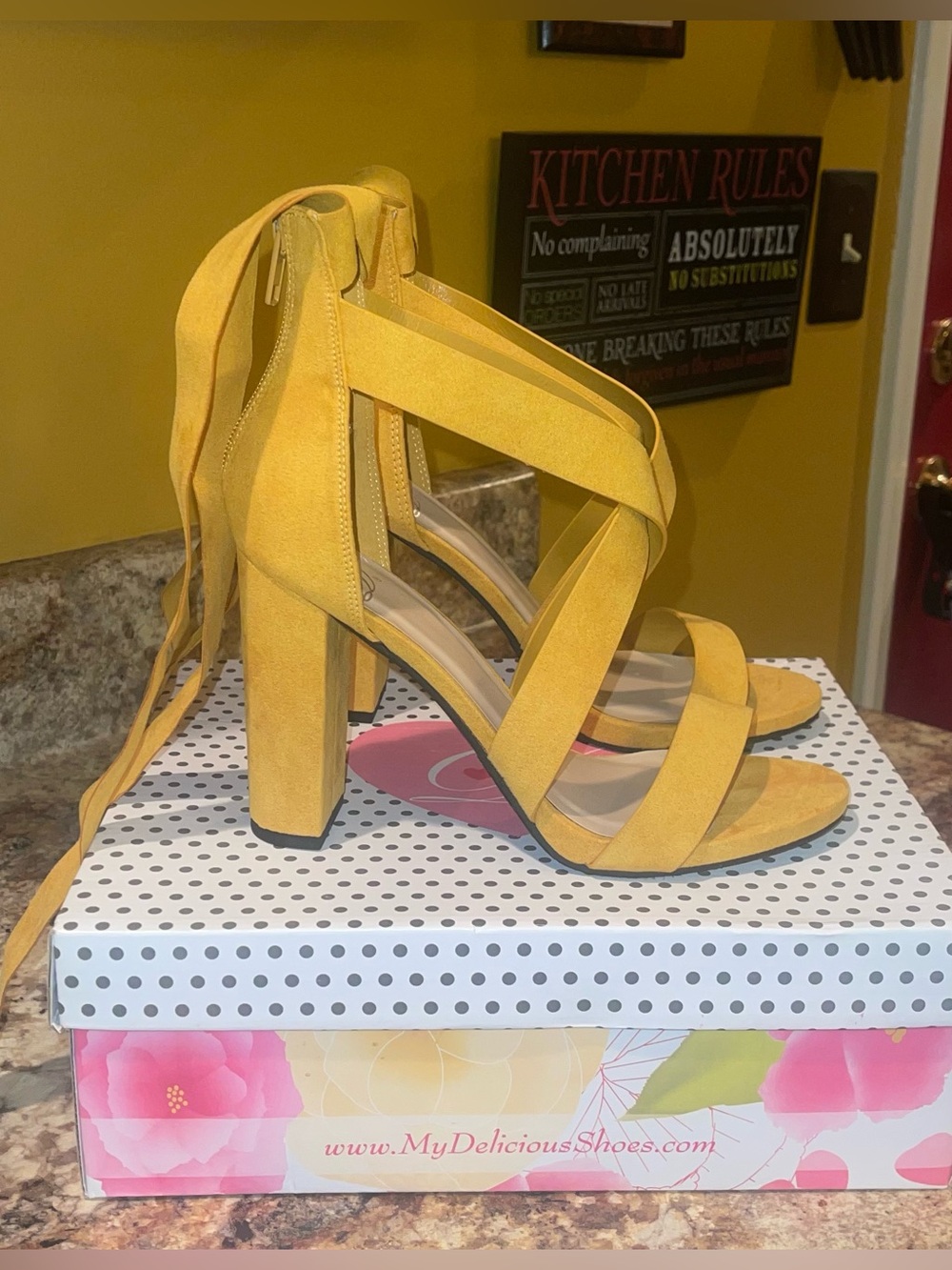Delicious Yellow Strappy Block Heel Sandals - Picture 6 of 7